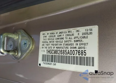 2005 Honda Accord 3.0 Ex из США, поврежденный, VIN 1HGCM82685A007685